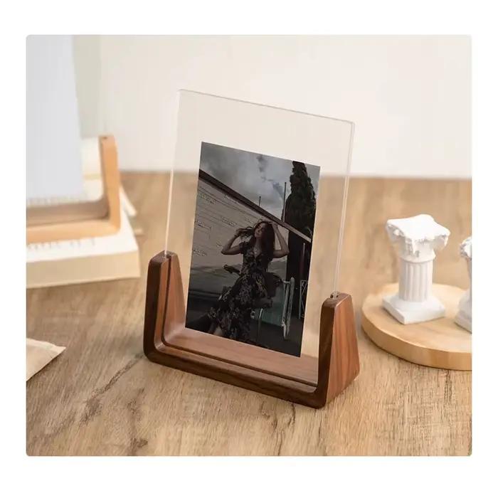Cadre photo créatif en noyer/hêtre, cadre transparent en acrylique en forme de U, cadre en bois pour photos de mariage, décoration de bureau à domicile