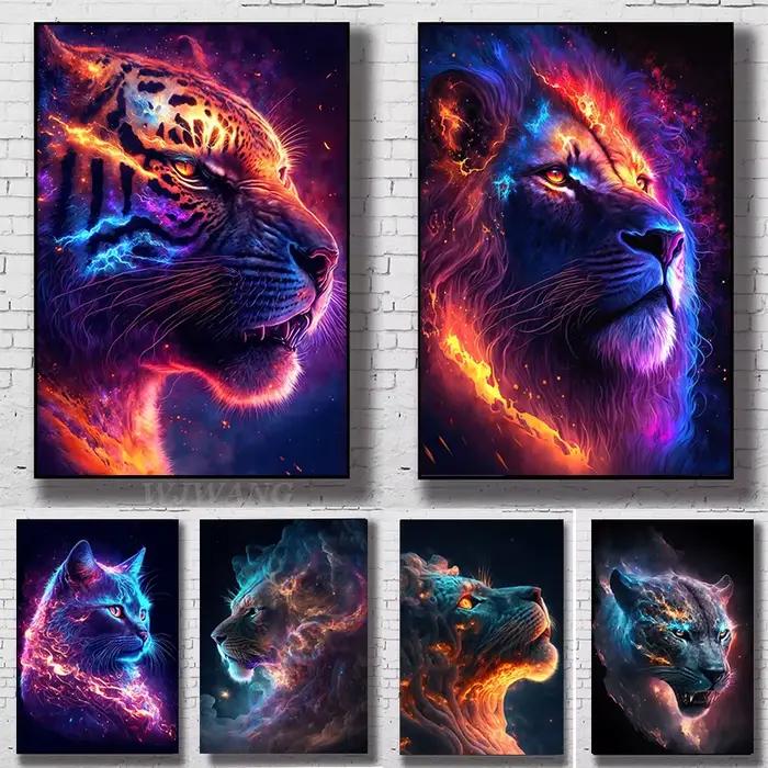 Peinture sur toile de tigre discutant dans l'espace, nébuleuse, affiches et impressions d'art animalier amusantes, art mural, gérer pour salon moderne, décoration d'intérieur