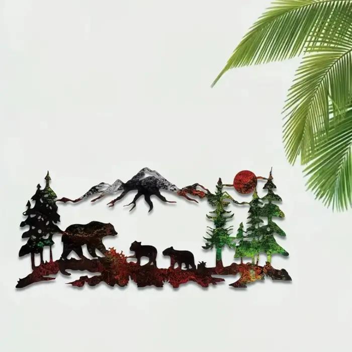 Art mural de montagne de forêt d'ours en métal-peinture de décoration de maison de Silhouette rustique