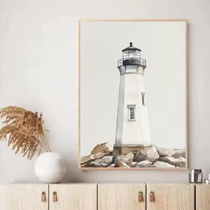 Affiche de paysage marin de mouette d'ancre de phare côtier nautique d'aquarelle