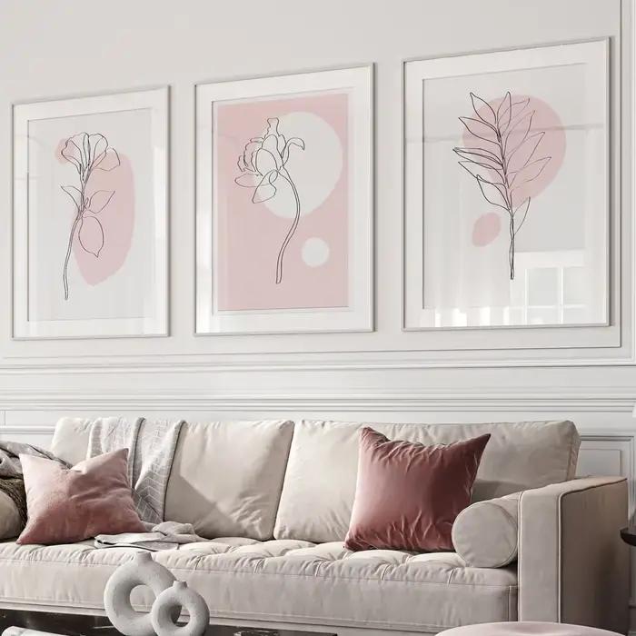 Lot de 3 tableaux muraux botaniques roses – Décoration murale botanique – Affiche d'art linéaire