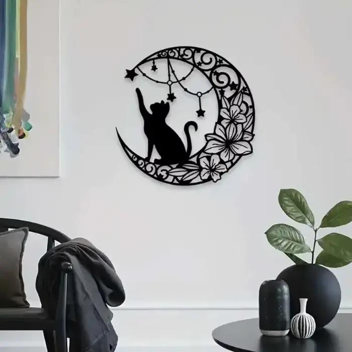 Décoration murale en fer simple avec silhouette de chat noir et lune