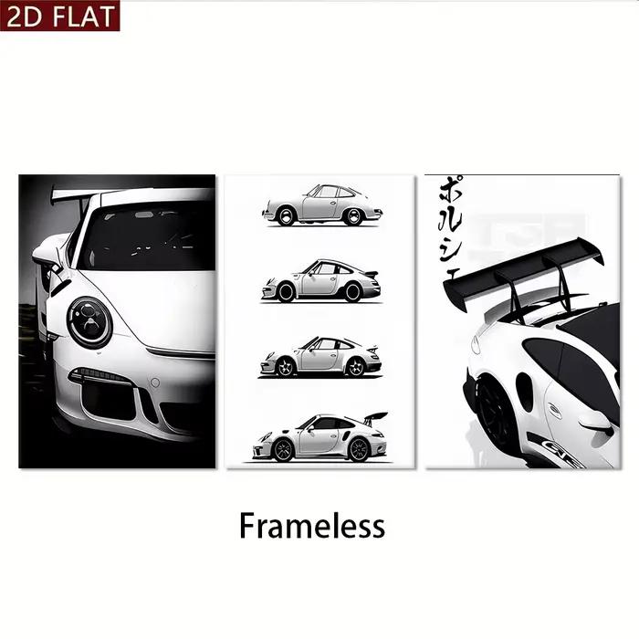 1 ensemble de trois tableaux décoratifs sans cadre de voitures de sport Porsche, affiches de voitures modernes en noir et blanc, design plat 2D.