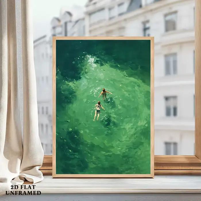 Peinture sur toile sur le thème de la plage et de l'été : Affiche décorative bleu-vert frais pour salon et chambre à coucher - Sans cadre
