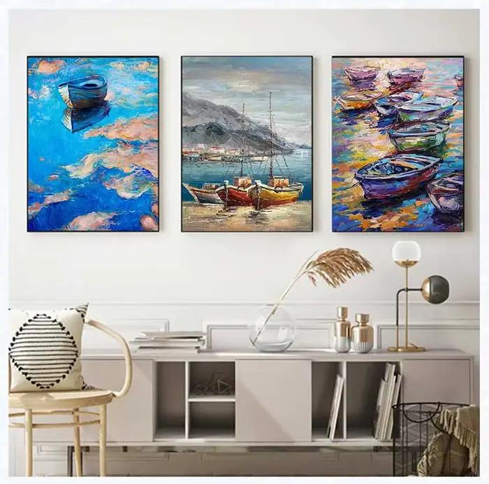 Peinture abstraite sur toile d'un bateau à voile sur la mer