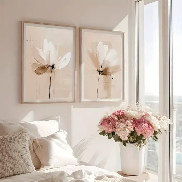 Affiche murale florale abstraite minimaliste neutre à imprimé floral de printemps, texture beige, décoration intérieure botanique abstraite beige