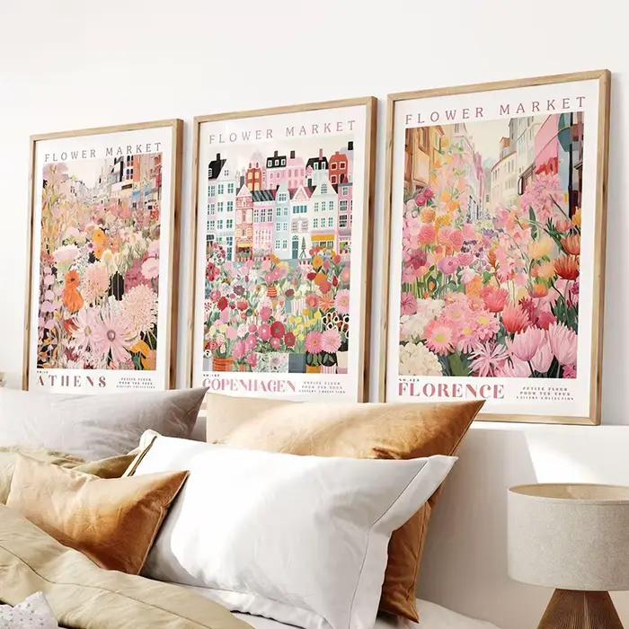 Lot de 3 affiches d'art sur toile modernes sur le thème du marché des fleurs