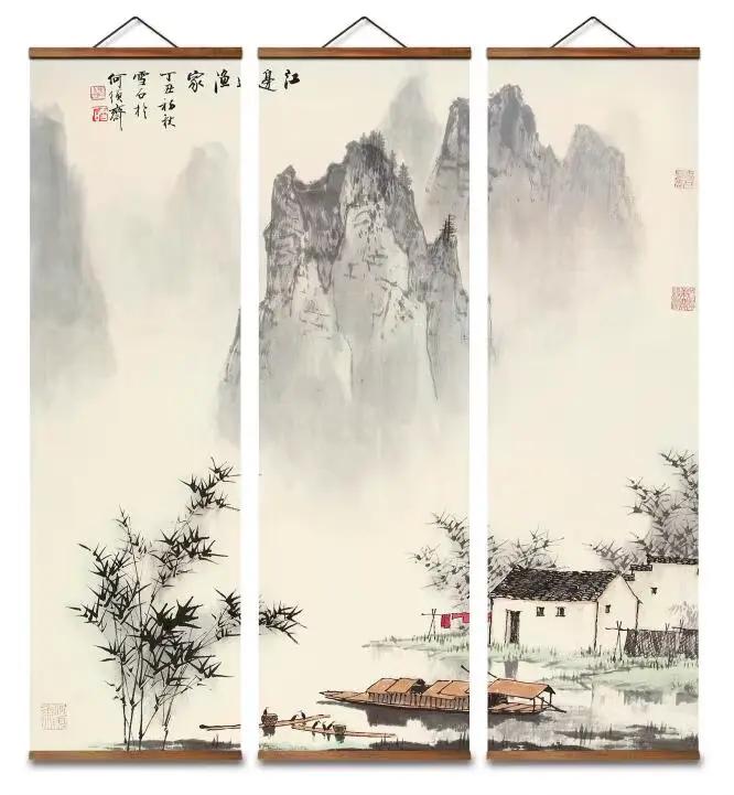Affiches murales décoratives en toile de Style chinois MT4024, paysage de pêcheur sur bord de rivière, peintures en rouleau en bois massif