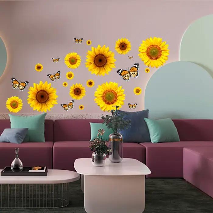 Autocollant mural papillon tournesol, décoration murale fleurs et plantes, pour chambre, salon, cuisine, art mural, décoration intérieure