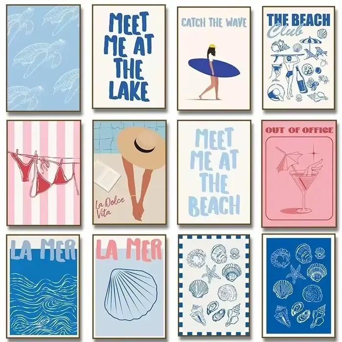 Affiche Seashells Meet Me At The Beach, peinture sur toile, thème estival, bikini, côtier, La Dolce Vita, décoration murale tendance pour la maison
