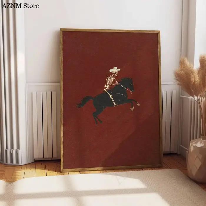 Squelette Cowboy Illustration Bucking Bronco Impression Gothique Décoration Murale Cheval Affiche Art Quirky Western