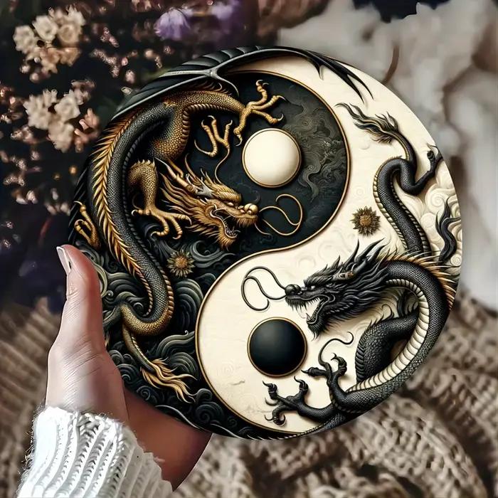 Panneau métallique Dragon chinois Yin-Yang – Art mural Oriental noir et blanc pour la maison