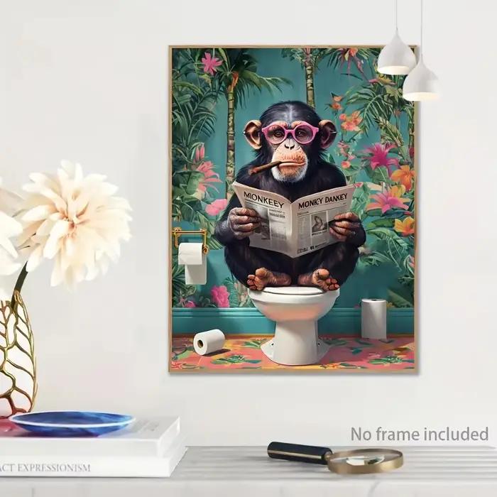 Un gorille drôle sans cadre lisant un journal sur la peinture sur toile des toilettes pour la décoration artistique du