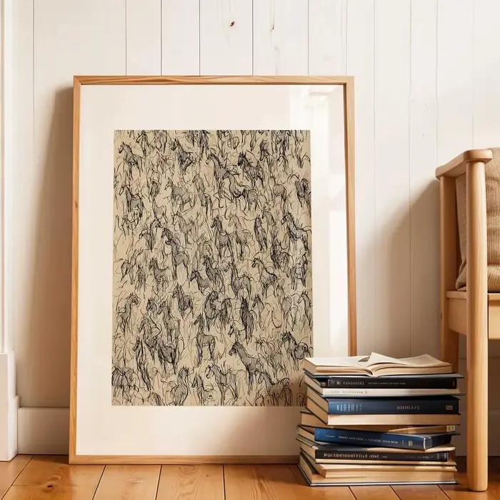 Affiche murale imprimable avec croquis de chevaux sauvages, impression artistique équestre minimaliste vintage, images murales vives pour la maison