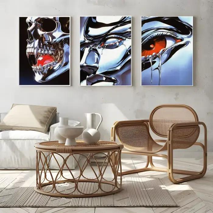 Peinture de style Japandi, couleur argentée brillante, calligraphie, impression sur toile moderne, décoration murale élégante pour chambre à coucher, café, maison, cadeau