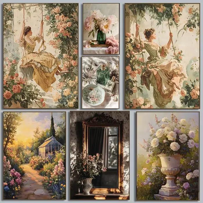 Affiche classique de manoir français NobleWoman, belle balançoire Rococo jardin Romance, peintures sur toile, images d'art murales, décoration de maison