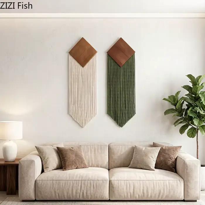 Tapisserie murale bohème en coton tressé avec pompons