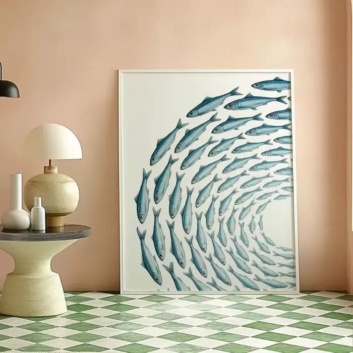 Lot de 2 affiches murales minimalistes d'été sur le thème des sardines