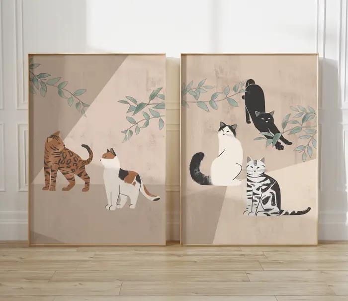 Affiche murale imprimée chat et plante