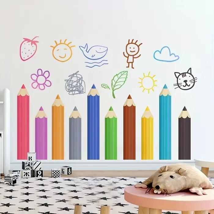 Autocollants muraux amusants en forme de crayons avec des motifs dessinés à la main