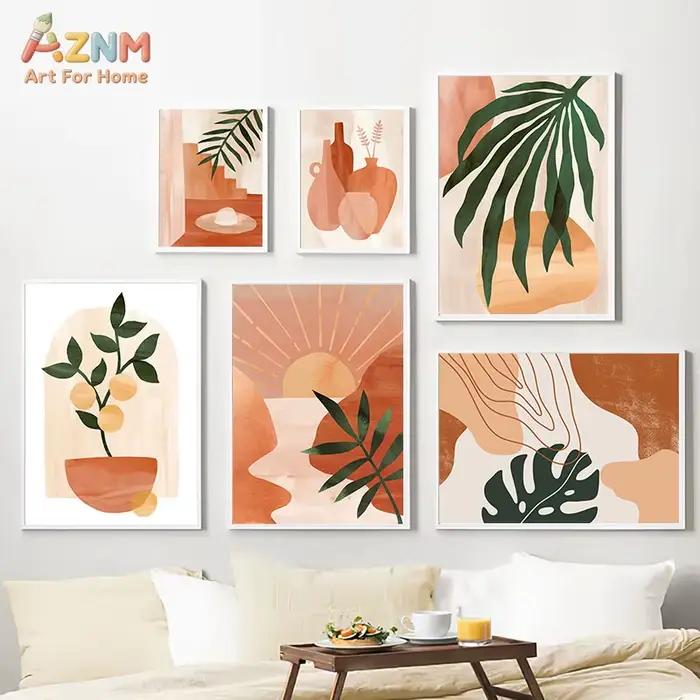 AZNM Impression sur toile de vase abstrait en terre cuite, aquarelle, tons neutres de terre, poterie botanique minimaliste, affiche murale bohème, sans cadre