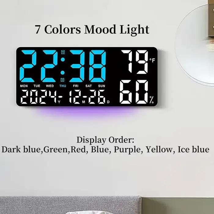 Grande horloge murale numérique avec lumière d'ambiance 7 couleurs