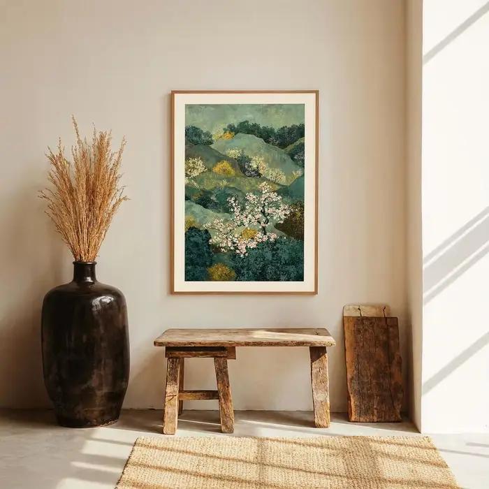Art mural de paysage oriental serein - Impression peinturée luxurante d'une vallée fleurie alliant des tons de vert sarcelle profond avec des fleurs roses délicates