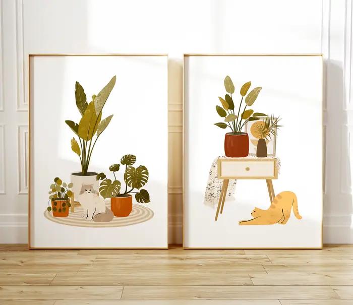 Affiche murale imprimée chat et plante