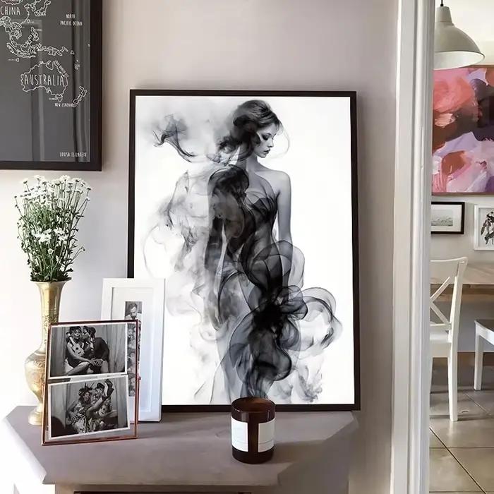 Affiche murale moderne abstraite en noir et blanc, minimaliste, avec ombre et encre, pour femme, impression sur toile, peinture pour décoration de chambre, cadeau pour la maison