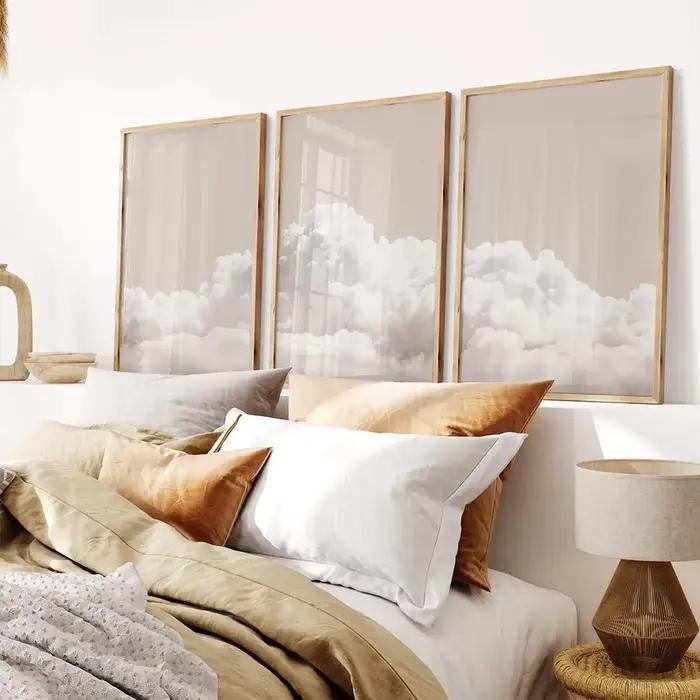 Ensemble de 3 tableaux muraux nuages beiges, affiches nuages blancs, impressions minimalistes ciel, décorations murales modernes pour la maison, peintures sur toile pour la décoration de chambre