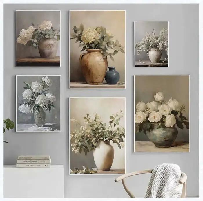 Peinture de fleurs de printemps dans un Vase Vintage, pivoines moody, Rose, affiche Vintage, nature morte, toile d'art imprimée, décor de ferme botanique