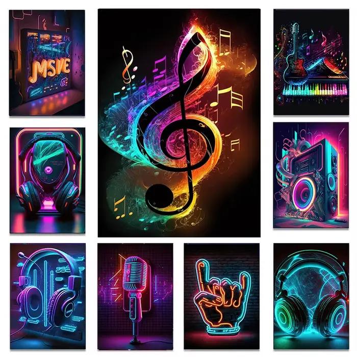 Affiche Pop Néon Punk Années 80 Musique Live DJ Guitare Karaoké Casque Peinture sur Toile Décoration Murale pour la Maison