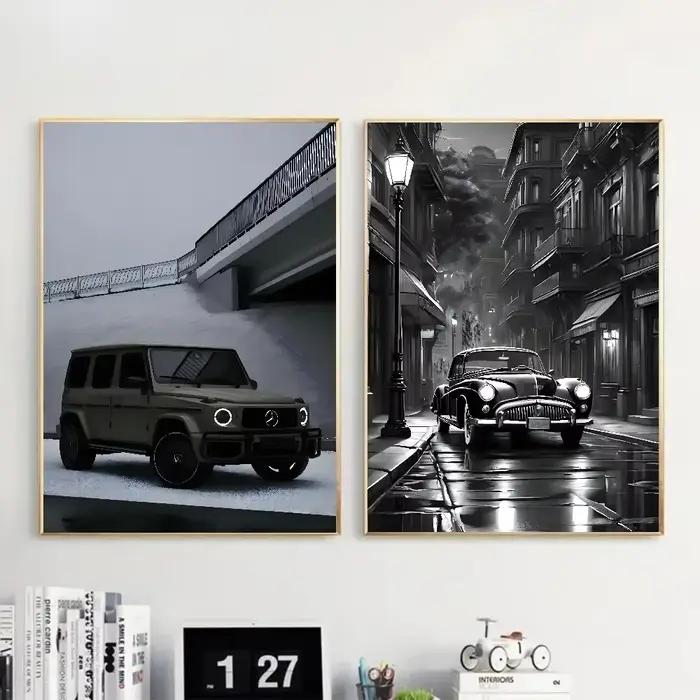 Toile imprimée d'art de voiture de luxe noir et blanc