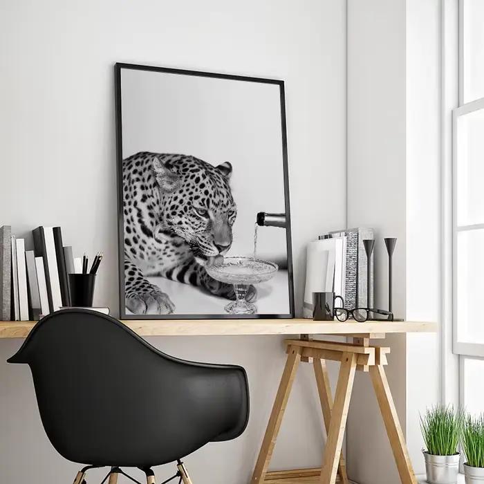 Affiche d'art imprimée de poulet rugissant de léopard: peinture sur toile d'animal de luxe noir et blanc pour la décoration de la maison du salon