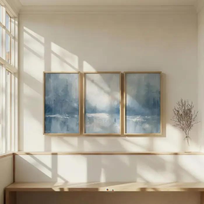 Lot de 3 tableaux muraux abstraits bleu ardoise et blanc