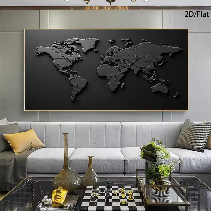 1 Murale abstraite moderne en relief de la carte du monde - Affiche sur toile imprimée noir et blanc pour la décoration