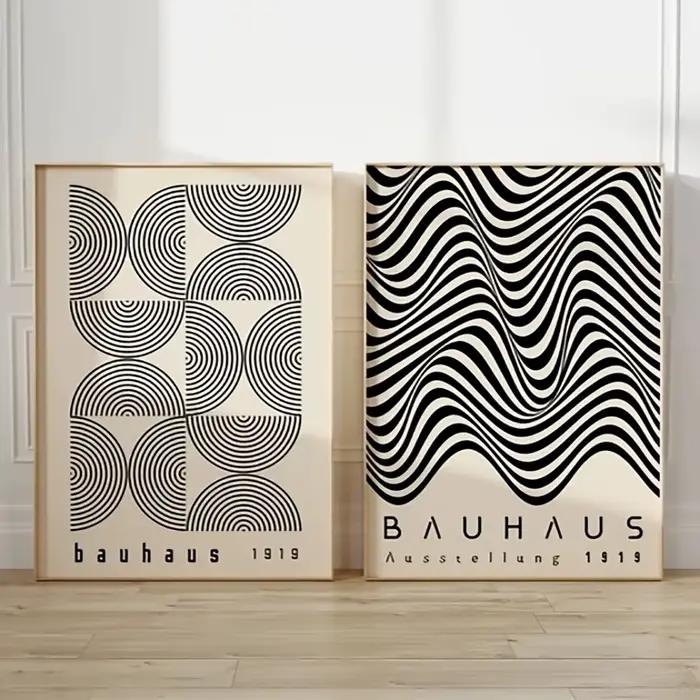 Deux peintures sur toile noires et blanches de Style Bauhaus rétro