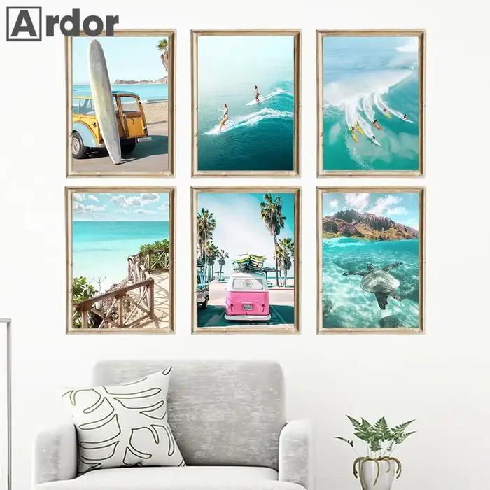 Affiche de mer nordique pour décoration de salon, impression d'art mural, peinture sur toile, plage d'été, surf, natation, bus, planche de surf