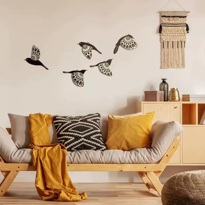 5 pièces de décorations murales modernes en bois en forme d'oiseaux volants