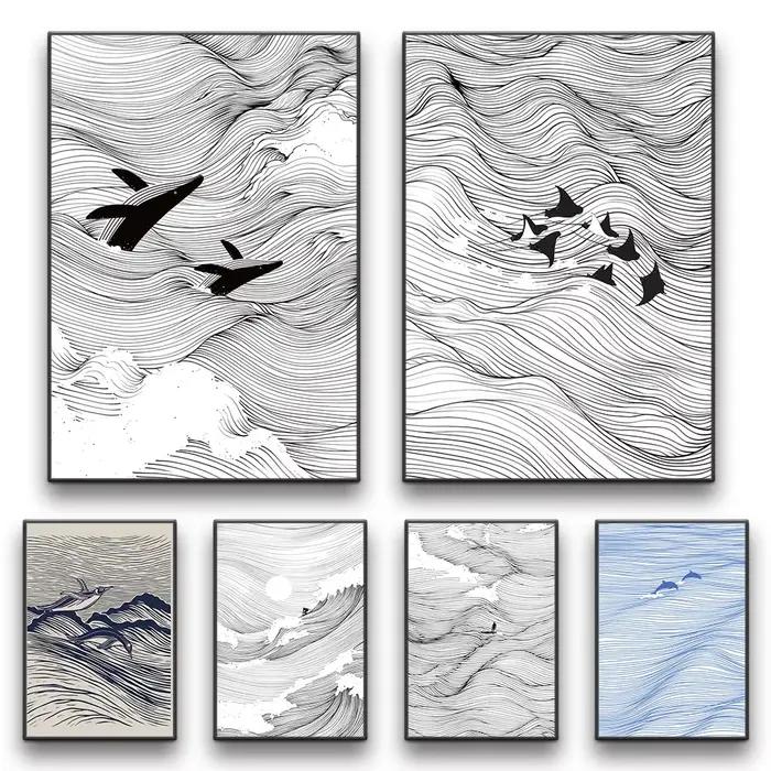 Tableaux d'art linéaire sur toile avec motifs vagues