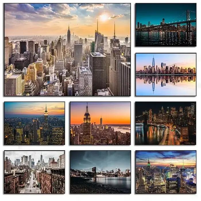 Affiche de construction néon de paysage d'horizon nocturne de ville de New York, peinture sur toile, images d'art murales pour décoration de salon et de maison