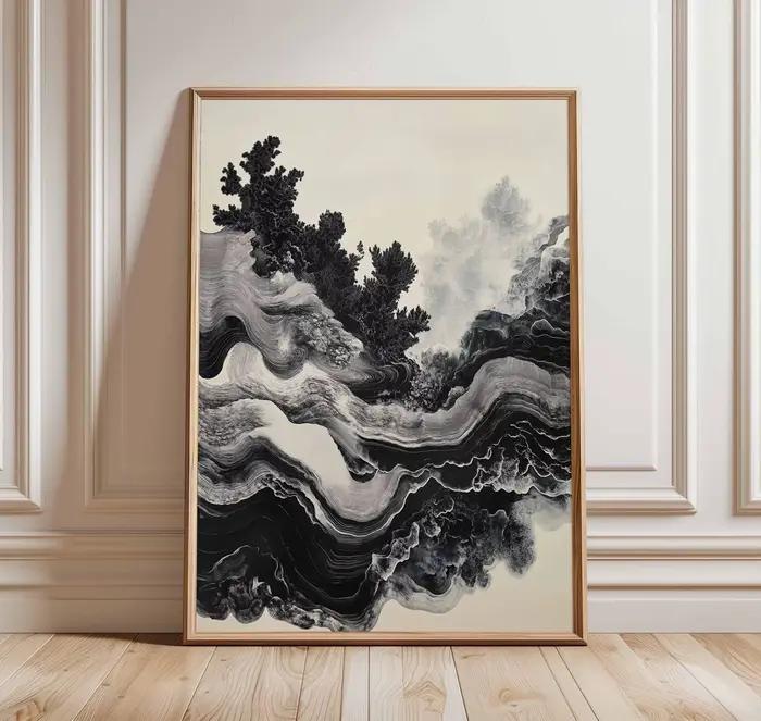 Affiche minimaliste abstraite à lignes fluides noires et blanches, paysage à l'encre, images d'art murales imprimées, peinture sur toile, décoration de maison pour salle