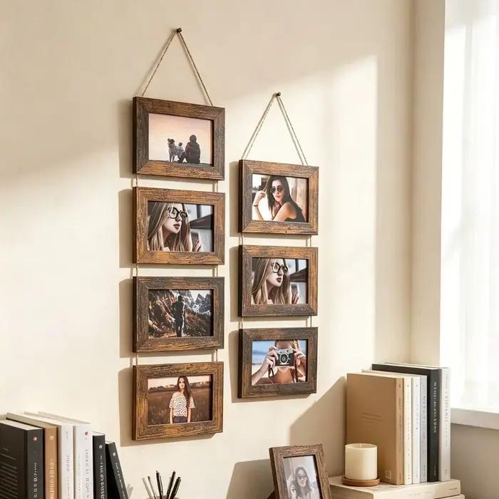 Collage de cadres photo muraux vintage en bois avec corde de chanvre, idéal pour la décoration murale des salons, chambres et dortoirs