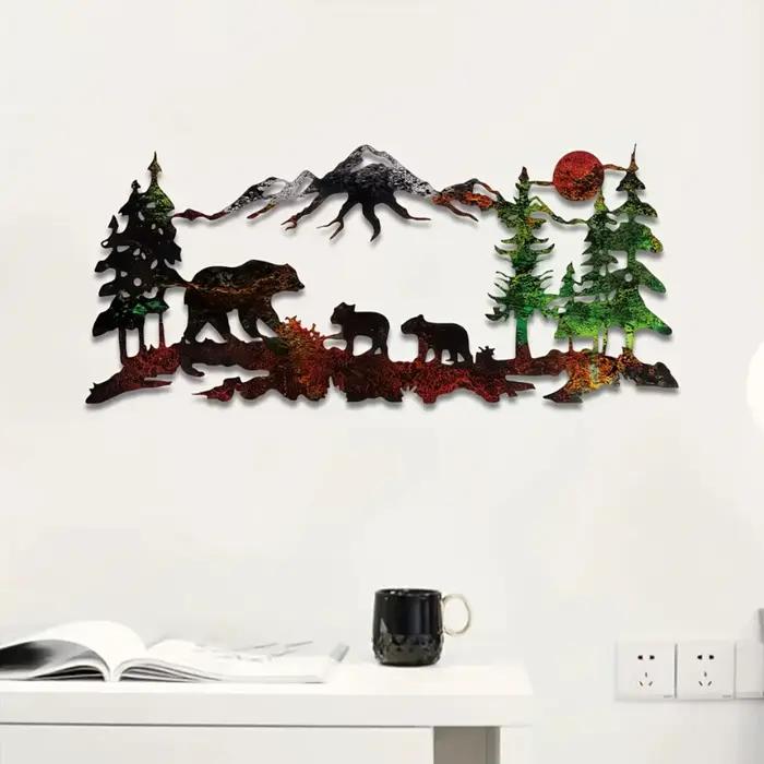 Art mural de montagne de forêt d'ours en métal-peinture de décoration de maison de Silhouette rustique