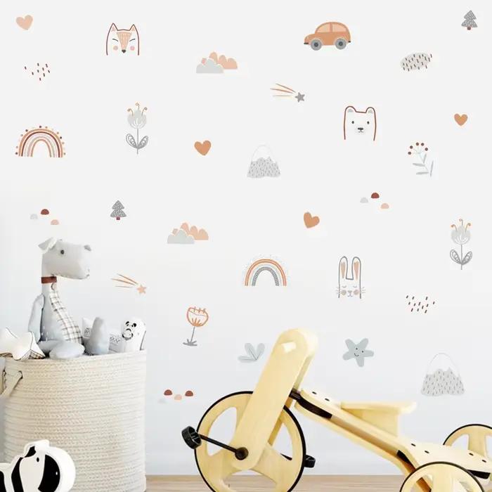 Dessin animé arc-en-ciel animaux visages étoile aquarelle autocollant mural vinyle amovible bricolage décalcomanies chambre d'enfants salon intérieur décor à la maison
