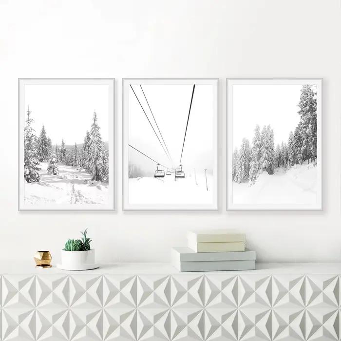 Impressions d'hiver ensemble d'impression noir et blanc de 3 décor d'art mural affiche nordique imprimé forêt de neige
