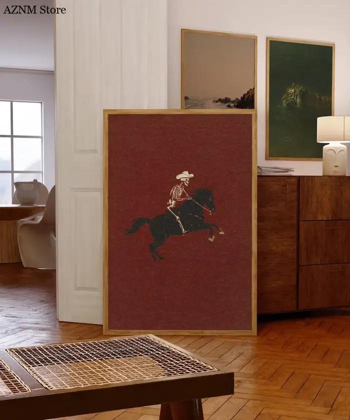 Squelette Cowboy Illustration Bucking Bronco Impression Gothique Décoration Murale Cheval Affiche Art Quirky Western