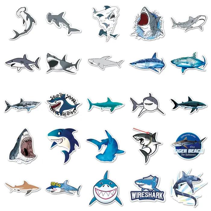 50 pièces autocollants requin dessin animé animaux de mer féroces Graffiti décoration bricolage valise jouets réfrigérateur ordinateur portable tasse d'eau guitare décalcomanies