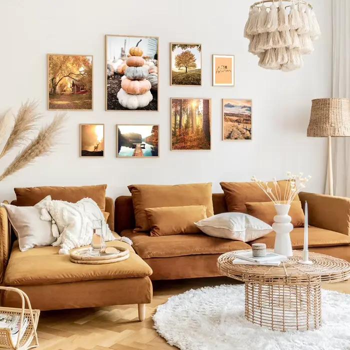 Toile imprimée et affiches de paysage de pays d'automne, arbre de lac, cerf, forêt, peinture de roseau de citrouille, décor d'image de salon
