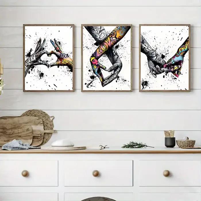 Toile imprimée Graffiti tenant la main, peintures abstraites pour salon, chambre à coucher, Art mural et cadeaux de Couple, affiches sans cadre, 3 pièces
